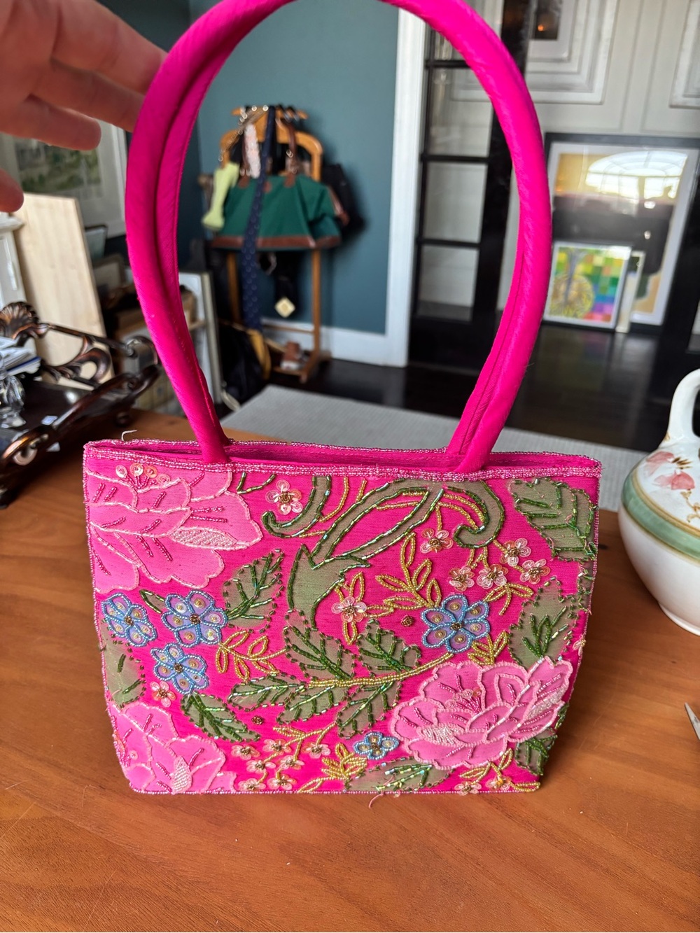 Vintage ERMO Hot Pink Beaded Floral Evening Bag Y2K Satin Top Handle Purse